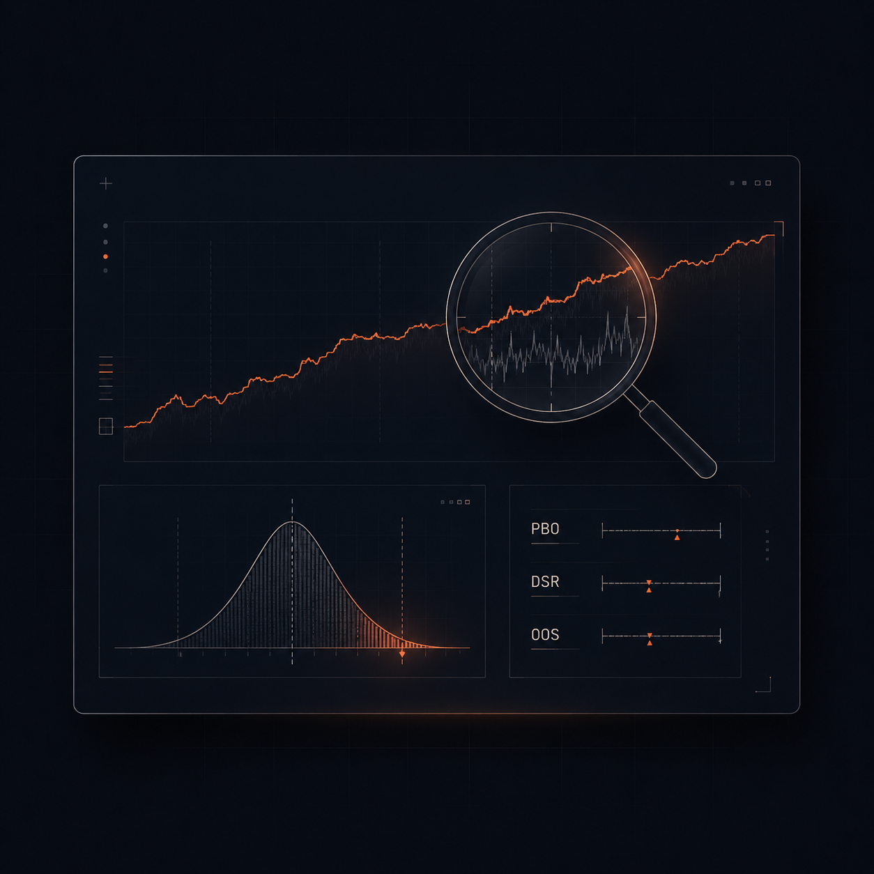 Panel de diagnóstico forense de Quant Forensics: detección de overfitting sobre un backtest, con distribución de drawdowns y métricas PBO, DSR y OOS